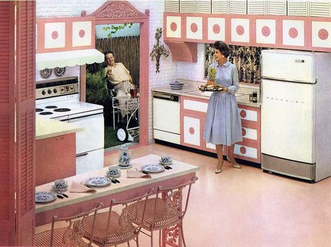 vintage kitchen design, Hotpoint appliance 1960 ~ housewife, homemaker 1960 Housewife, Retro Home Decor 1950s, 1940 Kitchen, San Leandro California, Retro Pink Kitchens, Yellow Kitchen Designs, Kitchen Nostalgia, Pink Kitchens, 1950s Home Decor