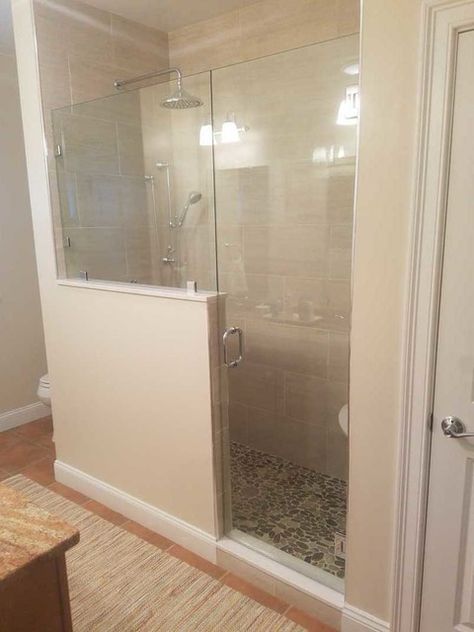 Frameless Shower Enclosure with Half Wall in Duxbury MA - Modern - Bathroom - Boston - by Signature Glass Inc. | Houzz Half Glass Shower Door, Half Wall Shower, Shower Basin, Frameless Shower Enclosures, Half Walls, Glass Shower Enclosures, Master Shower, Brown Bathroom, Downstairs Bathroom