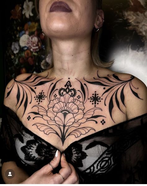 Poppy Chest Tattoo, Black Work Floral Tattoo, Blackwork Chest Tattoo, Chest Tattoo Designs Female, Chest Neck Tattoo, Throat Tattoo, Bone Tattoo, Tattoo Chest, Magic Moon