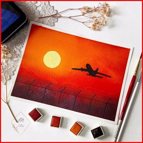 Airplane Watercolor, Sunset Paintings, Airplane Painting, Canvas Art Painting Abstract, Sunset Canvas Painting, Airplane Drawing, Painting Art Lesson, Sunset Painting, Small Canvas