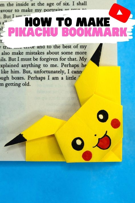 Pikachu Bookmark Diy, Origami Page Marker, Pokemon Bookmarks Printable Free, Marque Page Pokemon, Origami Marque Page, How To Make Cute Bookmarks, Easy Origami Bookmarks, Pikachu Craft, How To Make A Bookmark