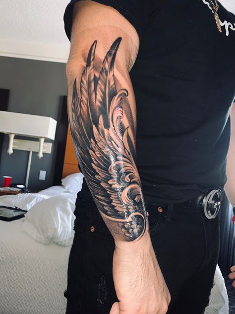 Angel Wing Arm Tattoo, Wing Tattoos For Men, Symbolic Drawings, Wing Tattoo On Shoulder, Forearm Wing Tattoo, Wing Tattoo Arm, Arm Tattoo Placement, Wings Tattoos, Colorful Sleeve Tattoos