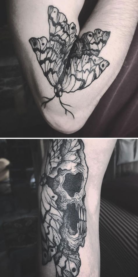 38 Times People Got Creative Tattoos That Transform When Their Bodies Move Moth Skull Knee Tattoo, Creative Moving Tattoos, Moving Leg Tattoo, Inner Elbow Butterfly Tattoo, Folding Tattoo Elbow, Tattoos That Move, Elbow Moving Tattoo, Elbow Bend Tattoo Women, Moving Tattoo Ideas Leg