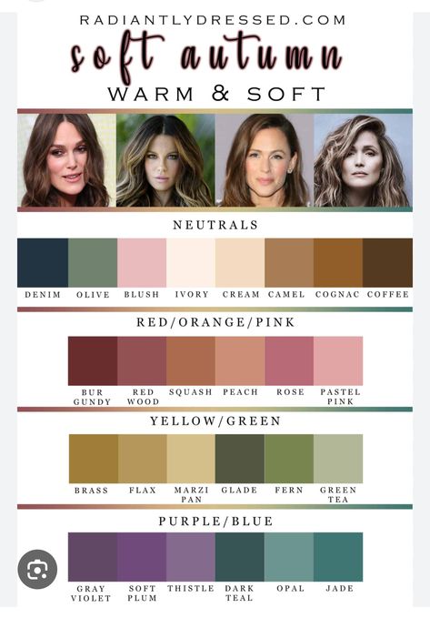 Soft Autumn Makeup, Colour Studies, Muted Autumn, Soft Autumn Palette, Neutral Skin, Warm Hair Color, Autumn Skin, Soft Autumn Color Palette, Color Seasons