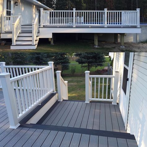 Trex Pebble Grey and Winchester Grey Decking with Trex Transcend Railing Call Renewit Group to schedule your deck today (844) RENEWIT 736-3948 www.renewitdecks.com  @trexcompany #trex #compositedeck #pooldeck #deck #pool #customdecks #michigandeckbuilders #deckbuilder #upnorthmichigan #puremichigan #indianriver #renewitgroup www.renewitdecks.com Trex Pebble Grey Deck, Deck Front Porch Ideas, Front Decks, Deck Skirt, Grey Decking, Trex Transcend Railing, Deck Rails, Grey Deck, Trex Decking