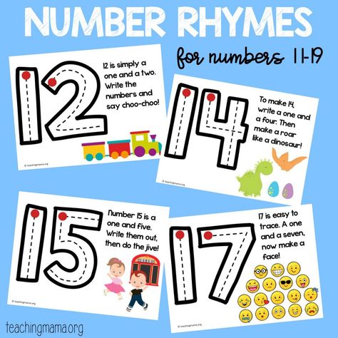 11-19 number rhymes Number Formation Rhymes Free Printable, Teen Numbers Kindergarten Activities, Kindergarten Templates, Number Formation Rhymes, Teen Numbers Kindergarten, Number Rhymes, January Centers, Number Anchor Charts, Free Printable Posters