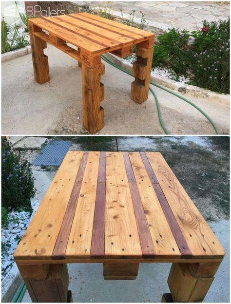 #Garden, #PalletTable, #RecyclingWoodPallets Outdoor pallet table made out of heavy weight EURO pallet. Darker finish varnish in the gaps between the planks. Table legs from a pallet support from a fiber glass pool. Pallet Table Outdoor, Table From Pallets, Euro Pallet, Table Palette, Wood Pallet Tables, Pallet Table Diy, Outdoor Pallet Projects, Pallet Desk, Outdoor Pallet