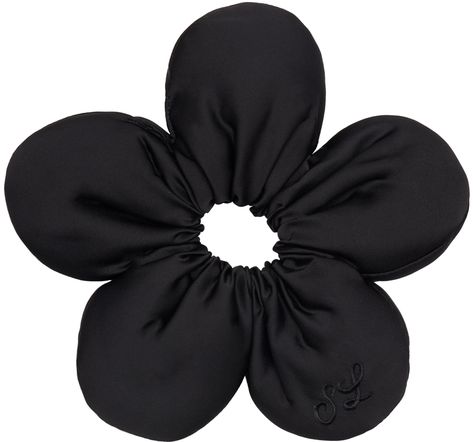 Flower Scrunchie, Black Hair Accessories, Sandy Liang, Black Flower, Black Logo, Dream Wardrobe, Logo Embroidered, Scrunchies, Flower Power