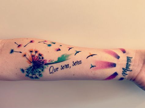 Dandelion tattoo on forearm. Que sera, sera. Sera Sera Tattoo, Que Sera Sera Tattoo, Dandelion Tattoos, Tattoo On Forearm, Dandelion Tattoo, Kids Names, Just Breathe, Forearm Tattoos, Forearm Tattoo