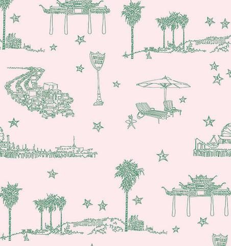 Best Coast Wallpaper in Green and Light Pink by Sandy White for Cavern Home Modern Wallpaper Designs, Toile Wallpaper, Observational Drawing, Cover Wallpaper, Contemporary Wallpaper, Modern Wallpaper, Wallpaper Online, Burke Decor, Colored Pens