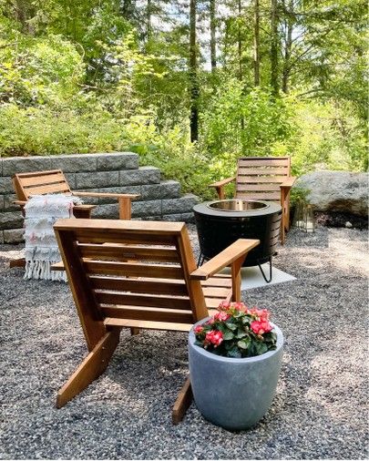 Rocking Chairs Around Fire Pit, Fire Pit Seating Ideas Chairs, Fire Pit Chair Ideas, Green Adirondack Chairs, Bonfire Pits, Deck Fire Pit, Fire Pit Chairs, Polywood Adirondack Chairs, Wood Fire Pit