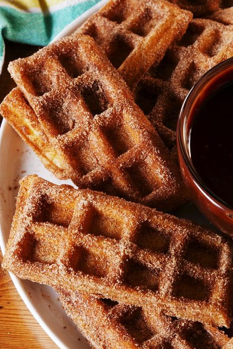 Churro Waffle DippersDelish Waffles With Chocolate, Holiday Breakfast Casserole, Churro Waffles, Chocolate Sauce Recipes, Cooks Country, Cooks Country Recipes, Chocolate Dipping Sauce, Donut Toppings, Cookie Toppings