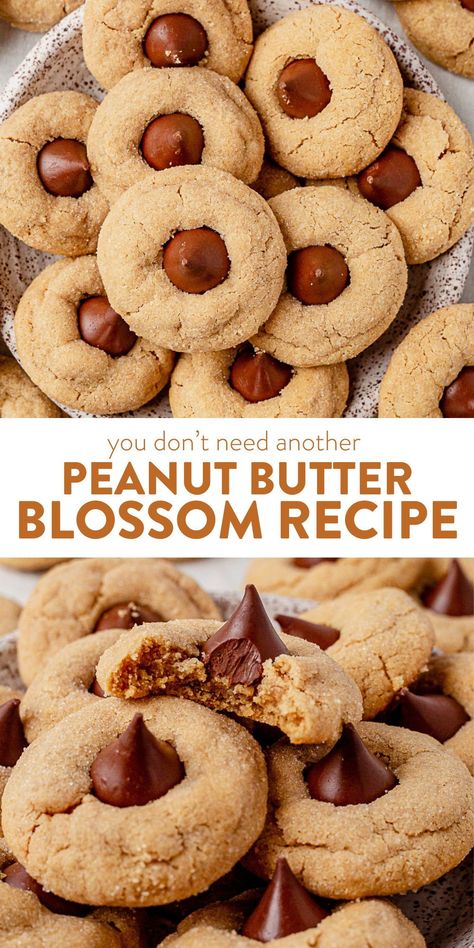 Warm, chewy, peanut butter cookies topped with a chocolate Hershey's Kiss. These peanut butter blossom cookies are a classic, timeless recipe and one I always look forward to eating each holiday season.