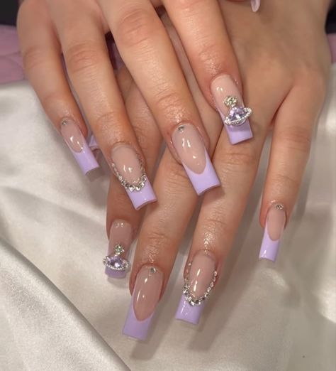 Latina Acrylic Nails Simple, White French Nails With Butterflies, Purple Charm Nails, Short Purple Nails With Rhinestones, Short Pink Acrylic Nails With Rhinestones, Purple Nails Gems, Purple Medium Nails, French Tips With Crystals, Lavender Nails With Rhinestones