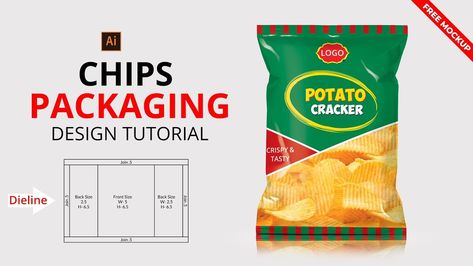 How to Design Potato Chips Packaging in Adobe Illustrator  Free Mockup Freebies Tutorials Bag Display Free Graphic Design HD Illustration Illustrator Mockup Package Potato Chips Presentation PSD Resource Showcase Template Tutorial Vector Video Potato Chips Packaging Design, Chips Template, Potato Chips Packaging, Chips Packaging Design, Diy Party Bags, Chips Packaging, Indesign Tutorials, Chip Packaging, Packaging Template