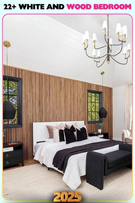 Rustic wood paneling creates warmth in this white and wood bedroom, while bold black decor and layered textures bring balance and a touch of elegance to the space. White And Wood Bedroom Ideas, White And Wood Bedroom, Rustic Wood Paneling, Wood Bedroom Ideas, Sleep Sanctuary, Wood Designs, Wood Bedroom, Bold Black, Black Decor