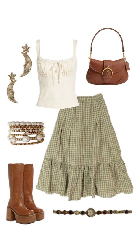 Earth Tone Concert Outfit, Folk Music Outfit, Concert Accessories Ideas, Summer Dress Autumn Outfit, Hozier Vibes Outfit, England Aesthetic Outfit Summer, Whimsical Skirt Outfit, Fall Fashion Inspo Outfits, County Outfit Ideas