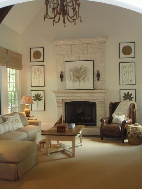 pictures on either side of fireplace Either Side Of Fireplace, Side Of Fireplace, Lounge Living Room, Florida Interior Design, Brick Fireplace Makeover, Bookcase Decor, St Augustine Florida, Neutral Living Room, Family Room Decorating