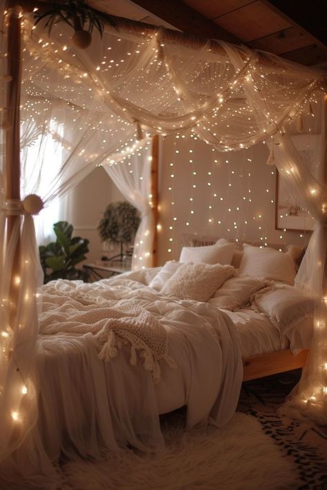 Dark Romantic Bedroom Ideas, Romantic Bedroom Colors, Bed Canopy With Lights, Dark Romantic Bedroom, Above Bed Ideas, Peaceful Room, Cozy Bedroom Decor Ideas, Light Catchers, Canopy Bed Diy