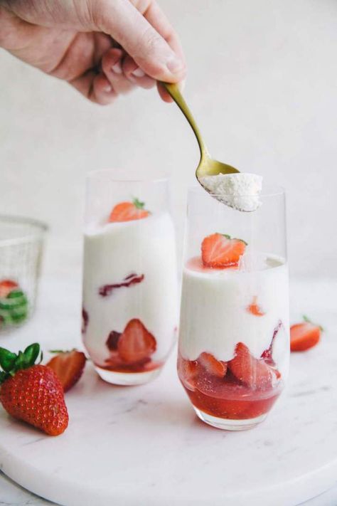 Yogurt Mousse (with Limoncello) | Jernej Kitchen Strawberry With Whipped Cream, Yogurt Mousse Recipe, Spring Dessert Ideas, Kawaii Cafe, Berry Desserts, Yogurt Mousse, Baking Lessons, Strawberry Pudding, Spring Recipes Dessert