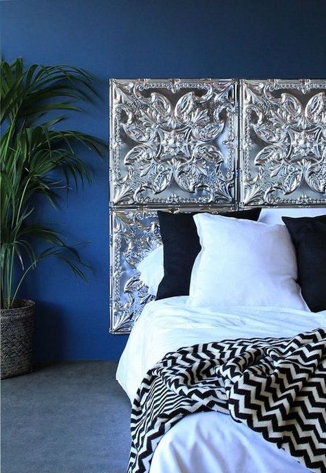 Chances are your bed is the focal point of your bedroom, and since the headboard is the focal point of your bed, it has a huge impact on the look of the room Ceiling Tile Headboard, Headboard Ideas, Metal Headboard, Tin Tiles, Tin Ceiling Tiles, Diy Headboards, Diy Headboard, Tin Ceiling, Bedroom Black