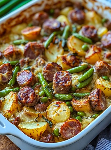 Sausage, Green Bean, and Potato Casserole – Findatorr Potato And Sausage Recipes, Brat Casserole, Green Bean And Potato Casserole, Sausage Potatoes Green Beans, Sausage Green Bean Potato Casserole, Oven Green Beans, Sausage And Green Beans, Sausage And Potato Bake, Sausage Potato Casserole