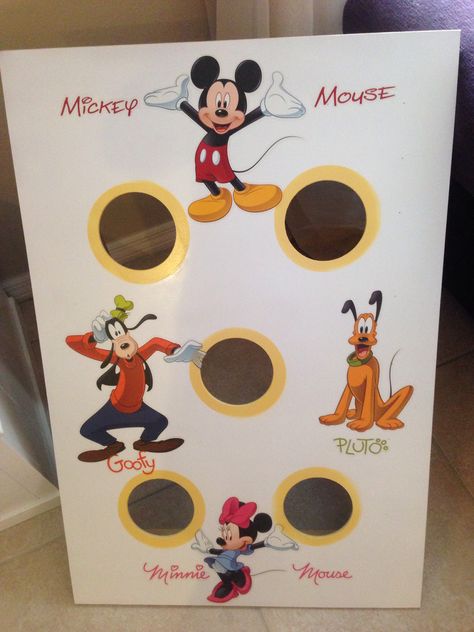 Bean bag toss game Mickey Mouse Clubhouse Party Games, Mickey Games, Mickey Mouse Party Games, Outdoor Game Ideas, Disney Themed Games, Mickey Mouse Games, Disney Crafts For Kids, Mickey Mouse Birthday Theme, Mickey Mouse Crafts