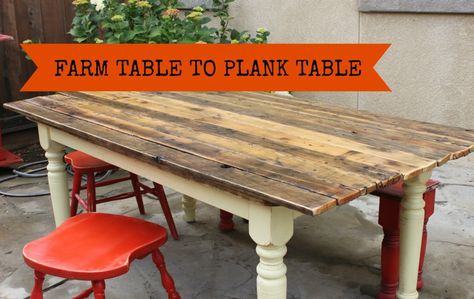 Turn an old Farm Table to a Fab Plank Topped Table.  Redouxinteriors.com Stenciled Furniture Diy, Outdoor Farm Table, Old Kitchen Tables, Old Wood Table, Plank Table, Old Table, Diy Farmhouse Table, Living Vintage, Stencil Furniture