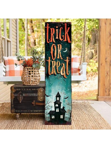 Welcome the spooky season with the 36in Trick or Treat Porch Sign, a perfect blend of vintage charm and modern farmhouse decor. This front porch Halloween welcome sign adds a festive touch to your home, making it ideal for greeting guests and trick-or-treaters. Crafted from high-quality wood, this durable sign is designed to withstand various weather conditions, ensuring it remains a standout piece year after year. The vibrant colors and classic "Trick or Treat" design capture the essence of Hal Front Porch Halloween, Halloween Welcome Sign, Porch Halloween, Halloween Yard Signs, Halloween Porch Sign, Halloween Wood Signs, Scrap Wood Crafts, Halloween Wood Crafts, Wood Pallet Art