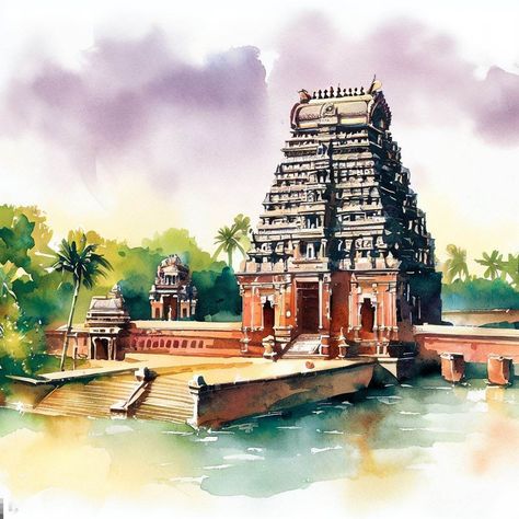 Temple Painting, Watercolor Indian, Temple Drawing, Beach Art Painting, Watercolor Paintings Nature, Art Painting Tools, Temple Architecture, Temple Art, Indian Temple