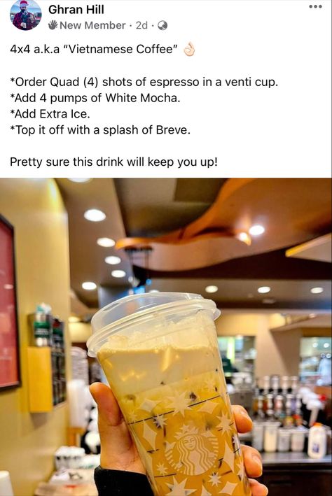 Vietnamese Coffee Starbucks, Dunkin Drinks, Coffee At Starbucks, Starbucks Secret, Coffee Starbucks, Vietnamese Coffee, Starbucks Drink, White Mocha, Starbucks Secret Menu