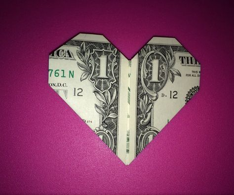 Easy Dollar Bill Origami Heart Dollar Oragami, Dollar Folding, Dollar Heart Origami, Origami Heart Instructions, Folding Tricks, Money Origami Heart, Fold Dollar Bill, Money Gifting, Paper Hearts Origami