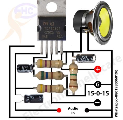 Amplifier circuit diagram using tda2030. this is a 14 watts 4-ohms audio amplifier. this circuit can run with 6-0-6 to 18-0-18 voltage. here need dual voltage positive negative and the ground voltage. normally this circuit is used in the 2.1 sound system. it’s a mono circuit. if we need a stereo amplifier then we have to use 2 circuits. the IC needs a heat sink. Amplifier Circuit Diagram, Amplificatori Audio, First Transistor, Basic Electronic Circuits, Mini Amplifier, Diy Amplifier, Electronic Circuit Design, Subwoofer Amplifier, Electronic Schematics