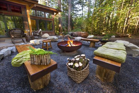 Wooded Backyard Landscape, Cabin Landscaping, Cabin Backyard, Cabin Patio, Cape Cod Landscaping, Cabin Landscape, Simple Cabin, Yard Remodel, Cabin Renovation