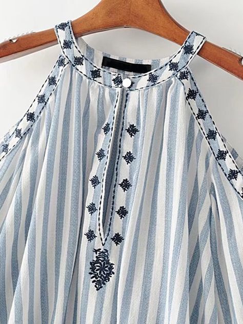 Embroidery On Stripes, Diy Kurti, Striper Dress, Printed Kurti Designs, Sangria Dress, Stylish Kurtis Design, Indian Kurti Designs, Indian Tunic, Long Kurti Designs