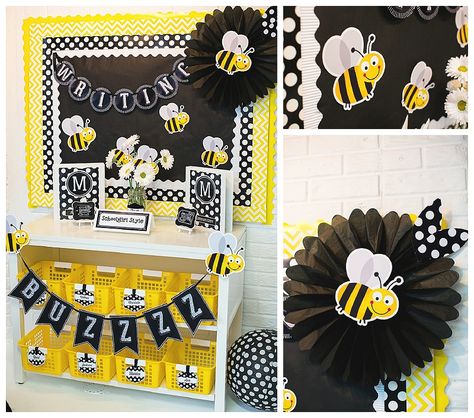 Black and White theme with various accent colors and how to incorporate it into you classroom (organize also) and add in various themes, ex: bees. Bee Classroom Decor, Bee Room, Chalkboard Classroom, Bee Themed Classroom, Classroom Images, Bee Classroom, Classroom Decor Themes, Bee Party, Themed Classroom