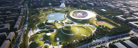 MAD brings surreal sports complex with vast green roof to China | Inhabitat - Green Design, Innovation, Architecture, Green Building Mad Architects, China Image, Earth Sheltered, Stadium Design, Sport Park, Famous Architects, Urban Park, Sports Complex, Construction Work