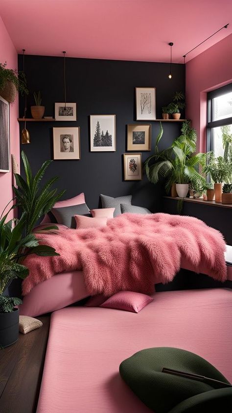 Show Room Living Room, Pink And Black Bedroom, Pink Bedroom Decor, Bedroom Decor Cozy, Dekorasi Kamar Tidur, Pink Bedrooms, Black Bedroom, Bilik Tidur, Woman Bedroom