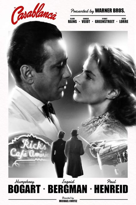 Old Hollywood Film Posters, Casablanca Movie Poster, Film Noir Posters Vintage Movies, Old Hollywood Movies Scenes, Film Noir Posters, Casablanca Poster, Ingrid Bergman Casablanca, Casablanca Movie, Romance Movie Poster