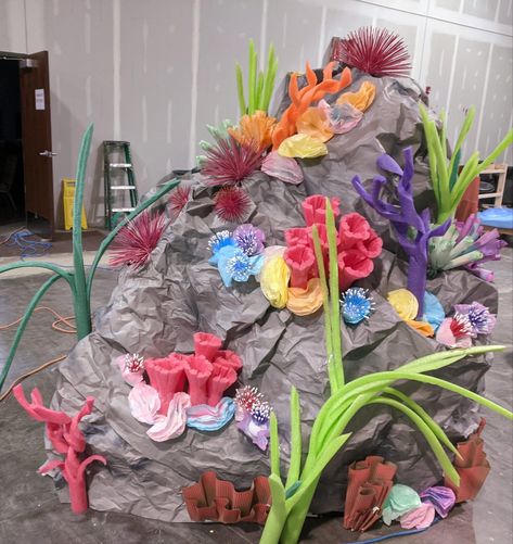 Under The Sea Scarecrow, Coral Reef Vbs Decorations, Coral Reef Stage Prop, Diy Turtle Decorations, Under The Sea Stage Design, Diy Underwater Decorations Sea Theme, Little Mermaid Stage Sets, Underwater Stage Design, Ocean Set Design