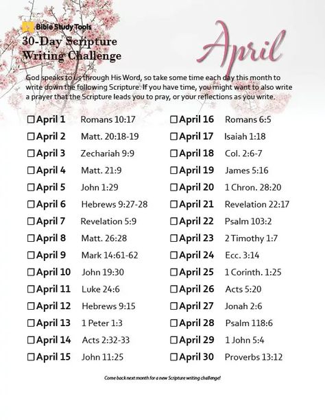 April's 30-Day Scripture Writing Challenge - Inside BST 30 Day Writing Challenge, Scripture Writing Plans, Verse Mapping, Scripture Writing, Writing Plan, Bible Study Topics, Bible Study Tips, Bible Challenge, Bible Study Lessons