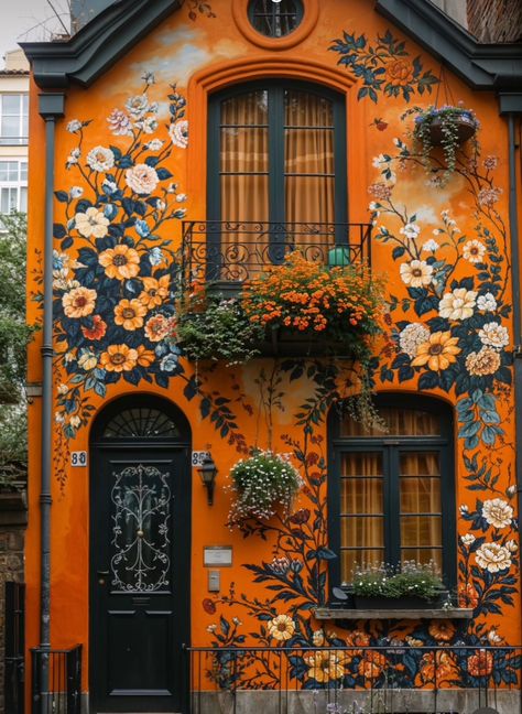 Funky Houses Exterior, Unique House Colors Exterior, Eclectic House Exterior, Colorful Home Exterior, Orange House Exterior, Blue Exterior House Colors, Vintage Boho Bedroom, Academia House, Colorful Rooms