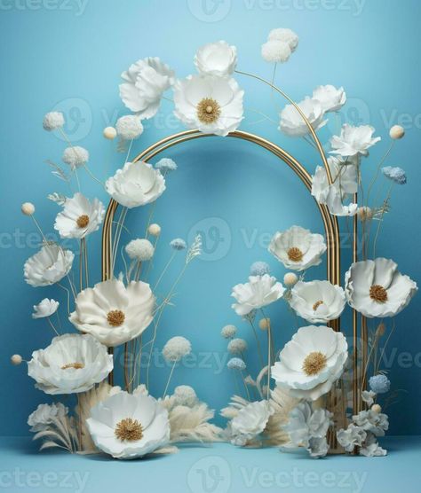 there is a gold frame with white flowers on a blue background. generative ai. Organza Decorations Wedding, Photo Backdrop Ideas Party, Big Paper Flowers, Giant Flowers Diy, Baby Shower Girl Diy, Fairy Garden Birthday Party, Large Flower Arrangements, Special Events Decor, Luxury Wedding Decor