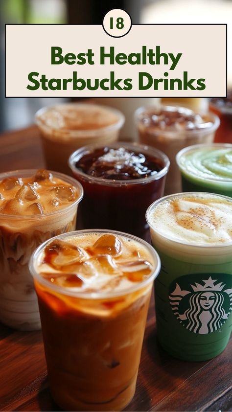 A variety of healthy Starbucks drinks including cold brew and green tea lattes, offering low-calorie and dairy-free options for a nutritious and refreshing treat. Healthy Starbucks At Home, Vsg Friendly Starbucks, Starbucks Drink Low Calorie, Good Healthy Starbucks Drinks, Healthy Coffee Shop Drinks, Starbucks Diet Drinks, 90 Calorie Starbucks Drinks, Starbucks Order Low Calorie, Cheap Healthy Starbucks Drinks