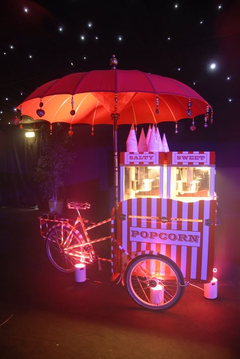 Popcorn Tricycle - Popcorn | www.contrabandevents.com                                                                                                                                                                                 More Popcorn Cart, Bike Food, Sweet Popcorn, Creepy Carnival, Circus Wedding, Carnival Themed Party, Popcorn Machine, Flavored Popcorn, Carnival Themes