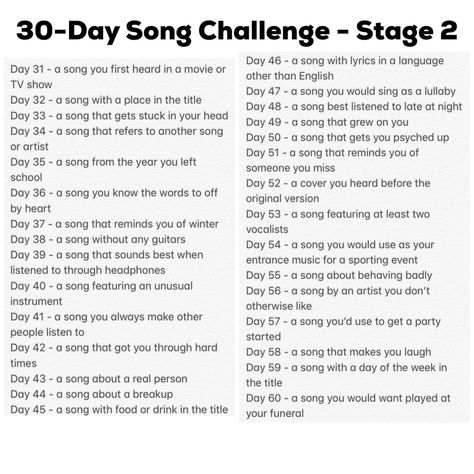 2020 minus 51: The second 30-Day Song Challenge | budgie's perch Playlist Prompts, Song Games, Music Questions, September Music, 30 Day Music Challenge, Music Challenge, 30 Day Song Challenge, Music Journal, Journal Challenge