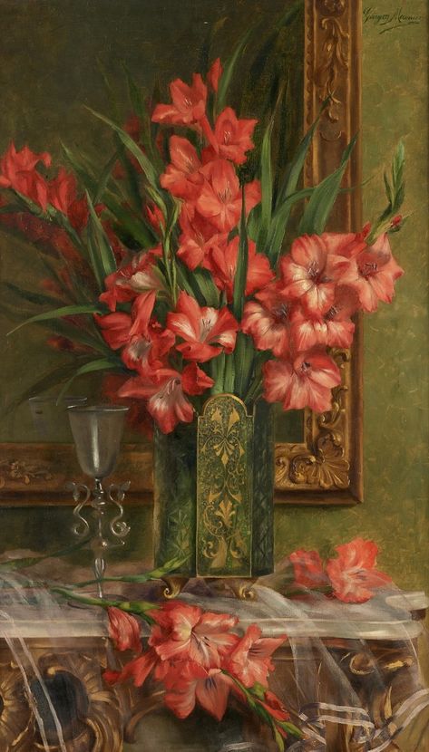 Georgette Meunier (1859-1951) - Still life with gladiolus. Gladiola Painting, Gladiolus Flower, Hyper Realistic Paintings, Floral Border Design, Cute Pastel Wallpaper, Classic Paintings, Nature Art Painting, Still Life Art, Flower Art Painting