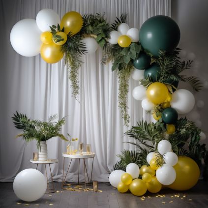 A yellow-themed birthday decoration radiates positivity and happiness, enveloping guests in a warm and welcoming ambiance. The combination of yellow decor elements, cheerful balloons, and floral accents creates a celebration that's full of sunshine and joy. Yellow And Green Balloon Arch, Yellow Birthday Parties, Balloons Galore, 62nd Birthday, 60th Bday, Monkey Baby Shower, Gender Reveal Party Theme, Yellow Party, Yellow Birthday