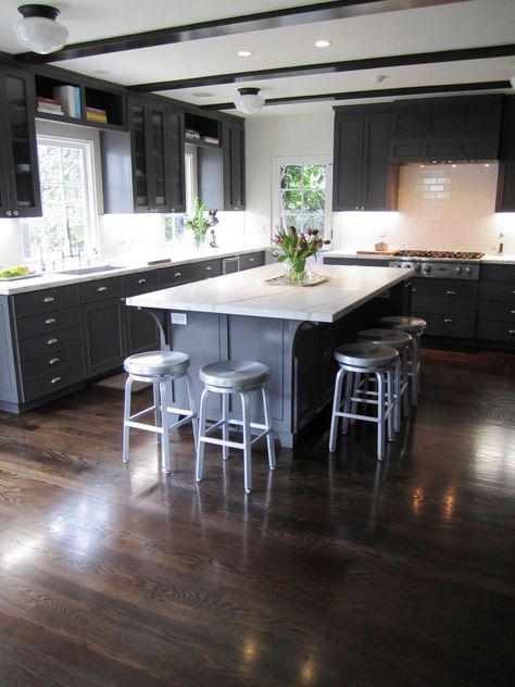 floor color here is a bit darker that I envision, but see gray with it. Beam In Kitchen, Dark Grey Kitchen Cabinets, Dark Gray Kitchen Cabinets, Dark Wood Kitchens, Dark Grey Kitchen, Painted Kitchen Cabinets Colors, Wood Floor Kitchen, Dark Kitchen, Gray Kitchen