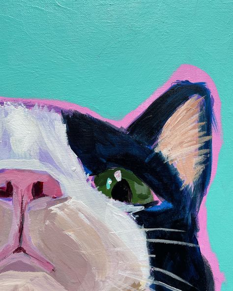 what would you do if I painted your cat like this?! honestly this painting was so much fun 😂 sometimes I wake up in the morning and my kitten is towering over my head, like she’s plotting something big for the day! Chaos, carnage and mischief tbh This painting is for sale and looking for its new home 👀 “Tuxedo Cat Behaviour” Size: 46x60 cm Medium: Acrylic on Canvas #painting #art #petportrait Two Canvas Painting Ideas Diy Wall, Colourful Cat Drawing, Cool Cat Painting, Drawing Ideas For Bedroom Wall Art, 2d Acrylic Painting, Cat Drawing Canvas, Mini Canvas Cat Painting, Animal Portraits Painting, Easy Acrylic Cat Painting Ideas